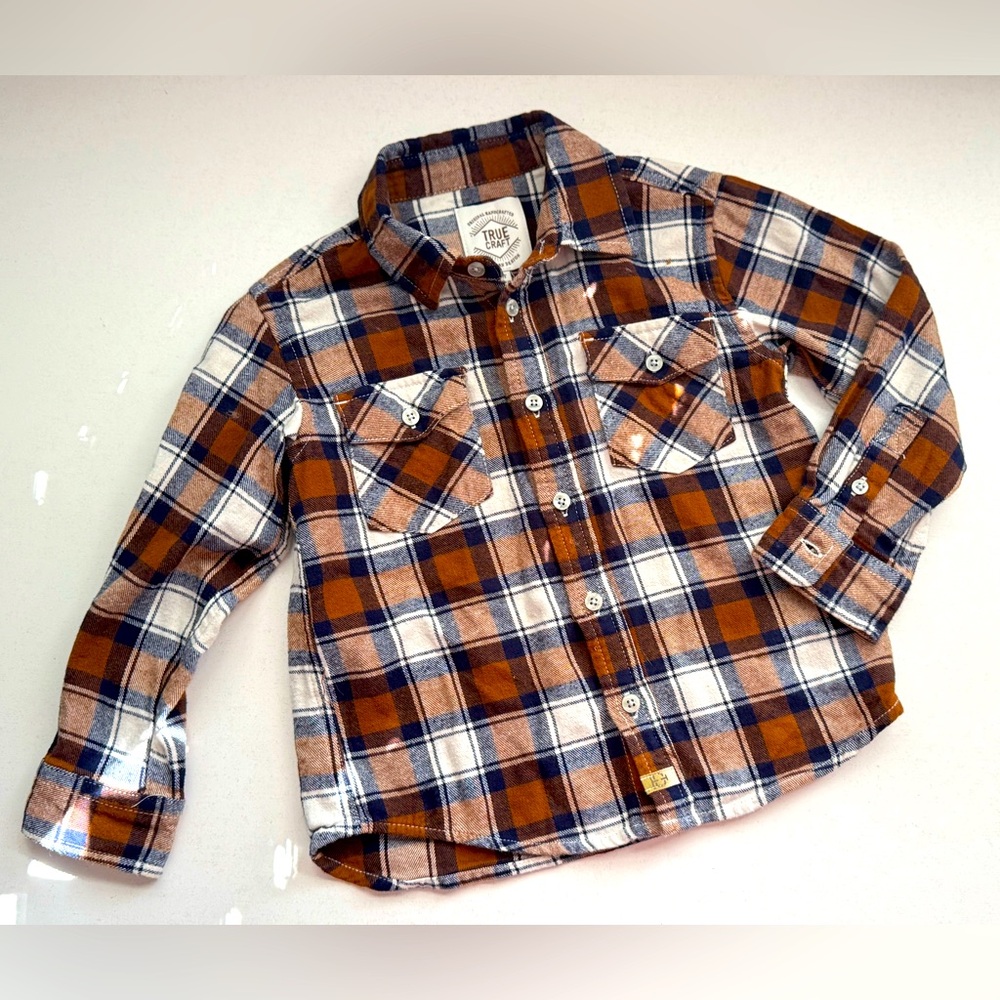 True Craft Boy's Plaid‎ Flannel Button Down Shirt, 4T